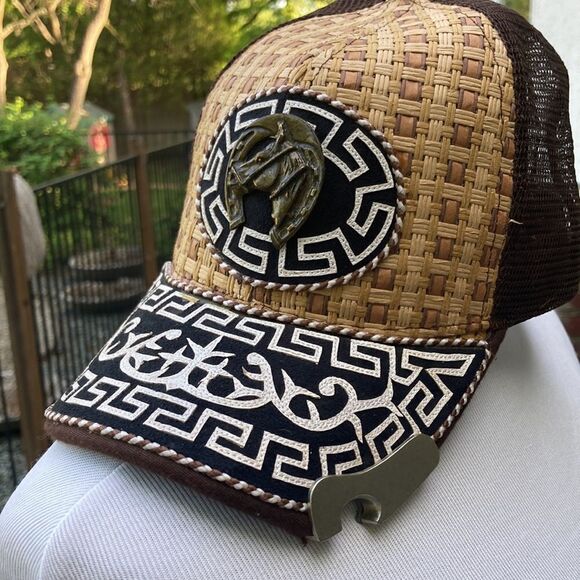 SnapBack 3D Metal Horse Emblem Bamboo Weave SnapBack Cap Rodeo Festival - Picture 1 of 14